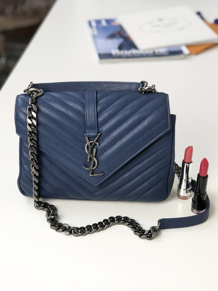 SAINT LAURENT YSL College Medium Chain Bag In Quilted Leather Blue