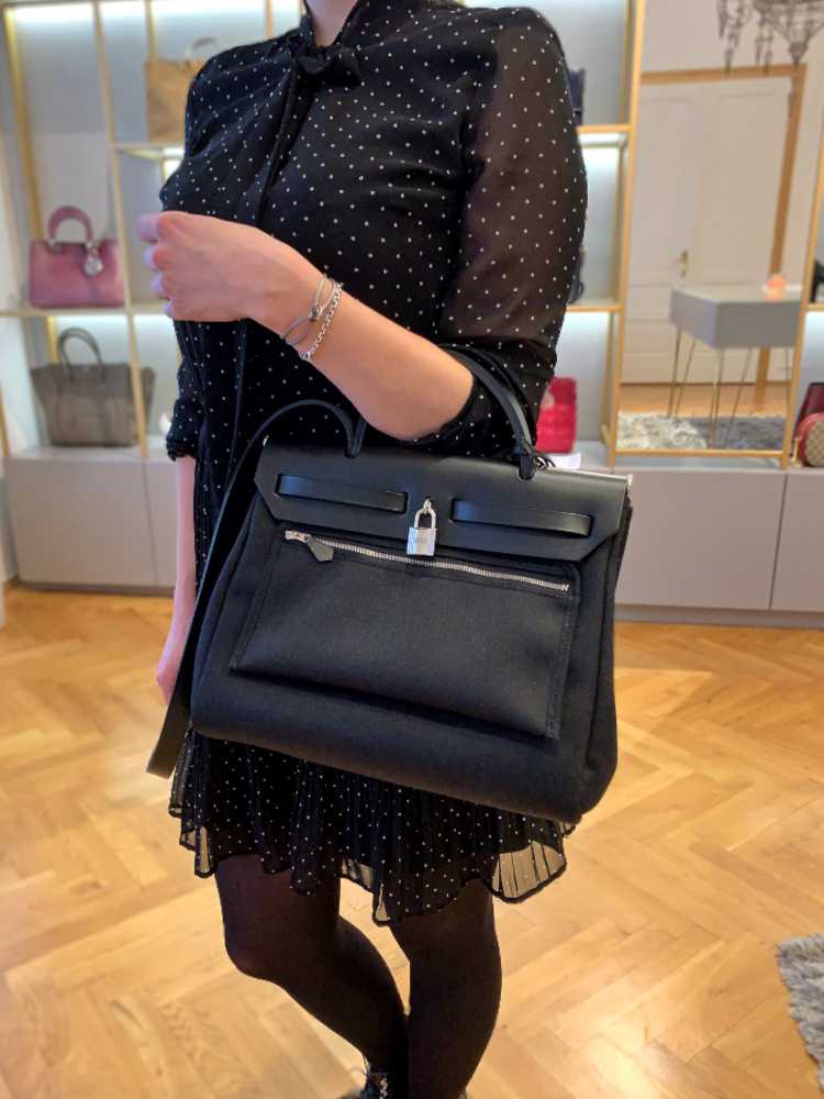 Hermés - Herbag PM Canvas Shoulder Zip Bag Noir