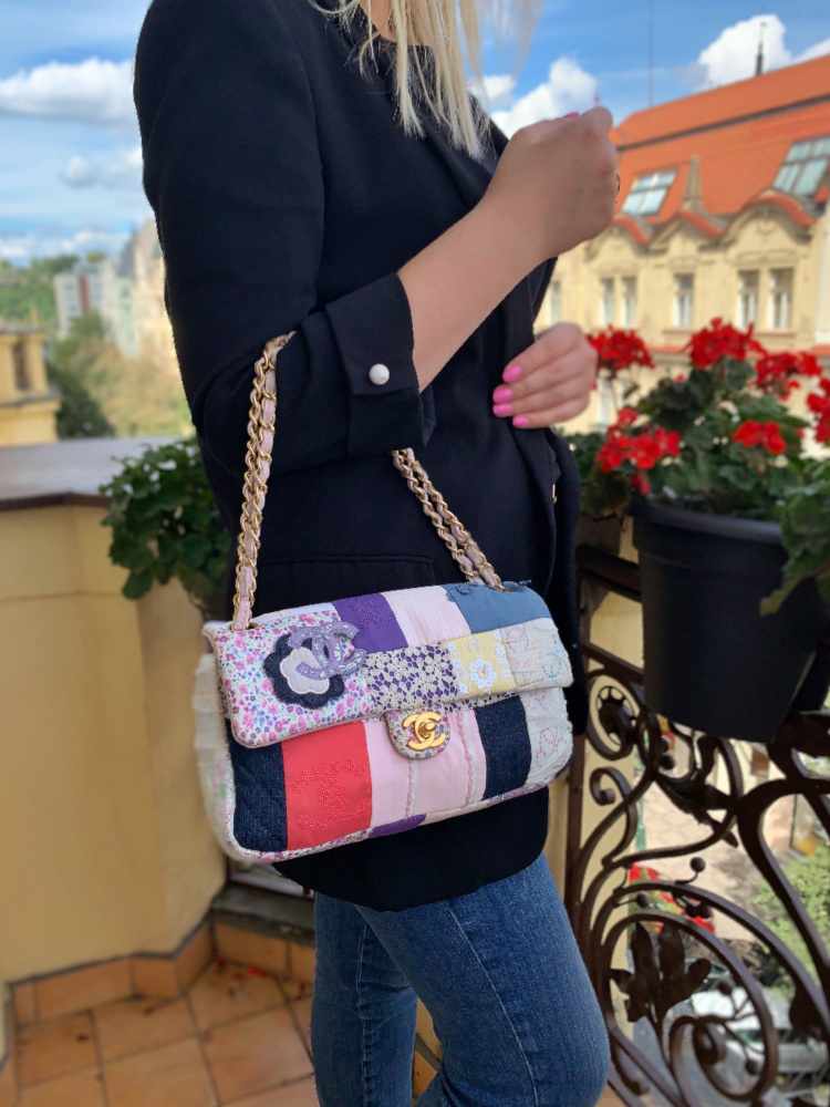 Chanel Medium Flap Bag Fabric Patchwork Pink www.luxurybags.cz